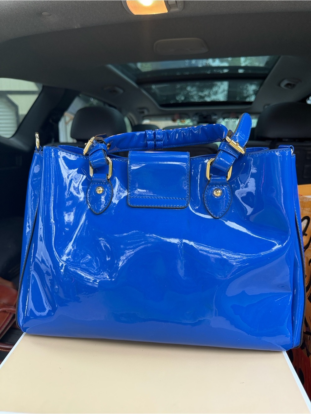 Gianni Bini Patent-Style Satchel Handbag in Bright Blue with Gold Hardware - Picture 3 of 5